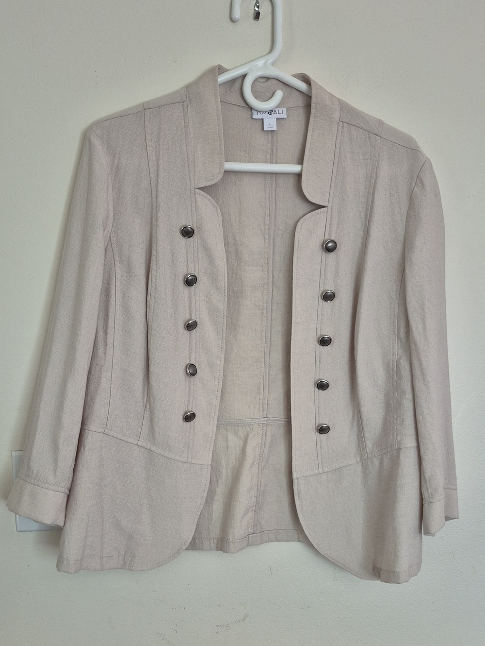 Roz & Ali Women's Beige Blazer Jacket Size Large Rayon Blend Military Button